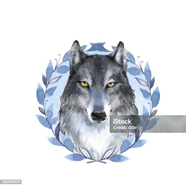Wolf And Wreath Stock Illustration - Download Image Now - Wolf, Drawing - Art Product, Watercolor Painting