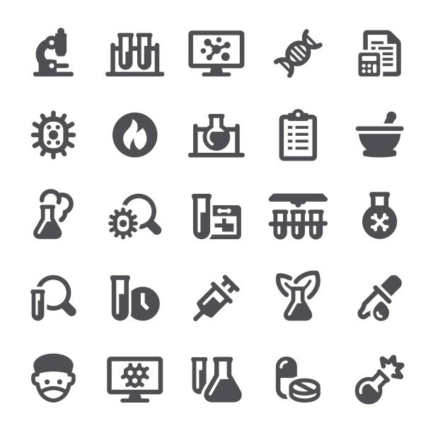 Lab icons Laboratory, science, healthcare and medicine, icon, icon set, test tube, chemistry, mortar and pestle, flask biotechnology stock illustrations
