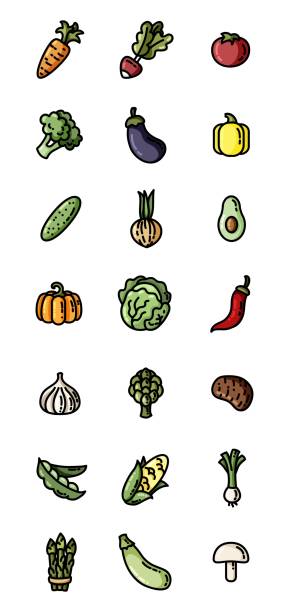 illustrations, cliparts, dessins animés et icônes de légumes plats icônes colorées. ensemble d’icônes vectorielles pour le web - symbol computer icon carrot restaurant