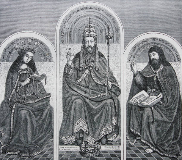 istock God Father, Virgin, and Saint Joseph by Jean van Eyck engraved in a vintage book 1061792700
