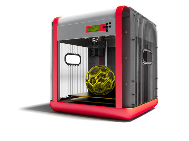 istock Modern gray 3d printer with red geometric figure inside for home use 3d render on white background with shadow 1061797136