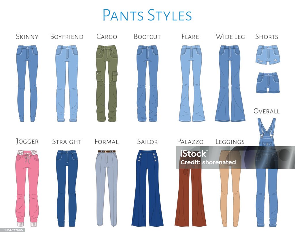 Women s pants collection, vector sketch illustration. Women s pants collection, vector sketch illustration. Different styles of blue jeans, shorts, overalls, sweat pants, business formal pants, loose pants and leggings, isolated on white background. Pants stock vector