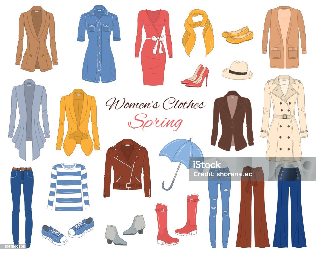 Bộ Sưu Tập Quần Áo Phụ Nữ Trang Phục Mùa Xuân Minh Họa Vectơ Hình ...
