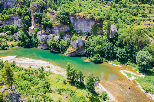 Castelbouc, troglodytic village in the valley of the Tarn river and the canyon, Occitanie, France