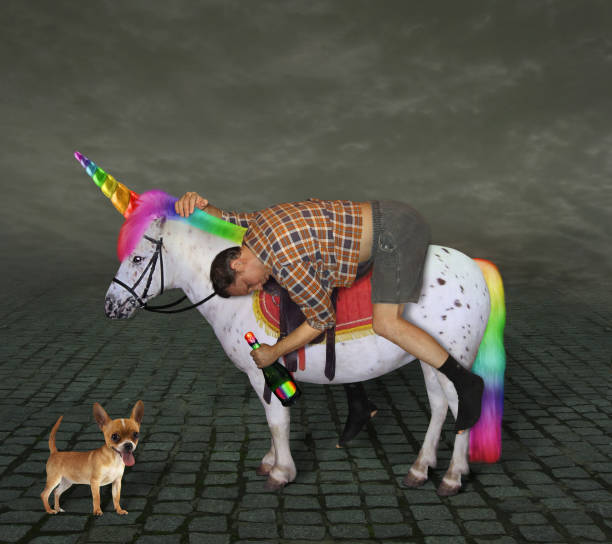 istock Drunk man on the unicorn and his dog 1061806274
