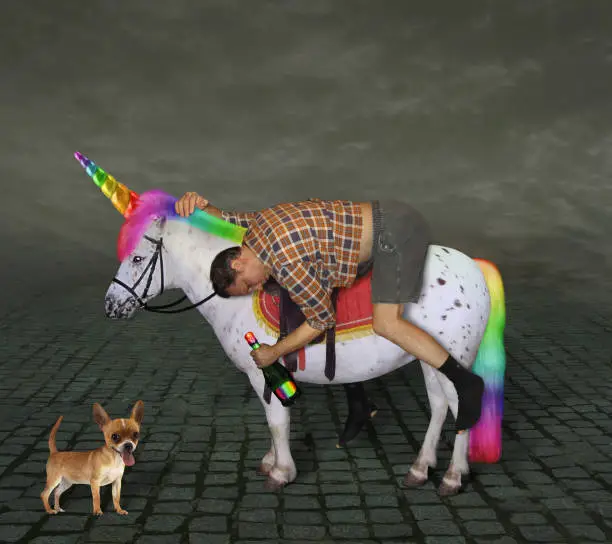 The drunk man with a bottle of rainbow wine is riding the unicorn. His dog is next to him.