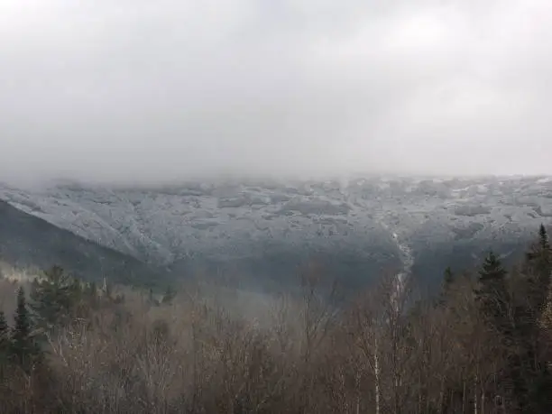 Icy snow covering the peak of Mount Washington,  New Hampshire USA