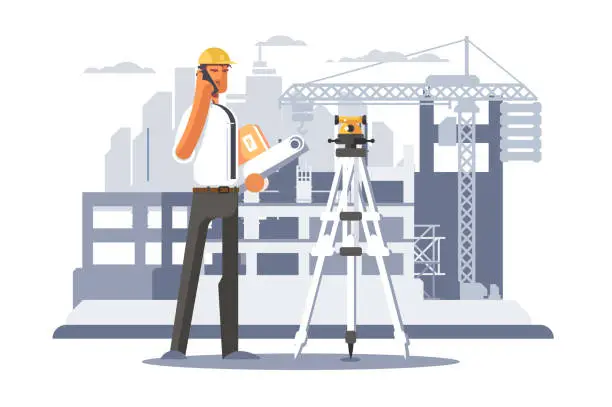 Vector illustration of Builder engineer phone calling on construction.