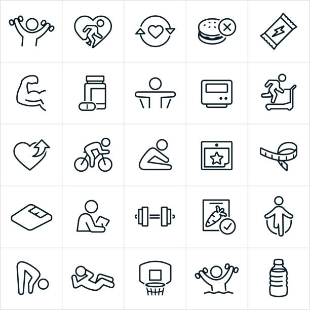 Exercise And Fitness Icons A set of exercise and fitness icons. The icons include people exercising, lifting weights, flexing muscles, eating healthy, running on treadmill, stretching, supplements, energy bar, nutrition, healthy eating, cycling, weight scale, tape measure, personal trainer, healthy food, jump roping, sit-up, basketball, water aerobics and water. heart shaped basketball stock illustrations