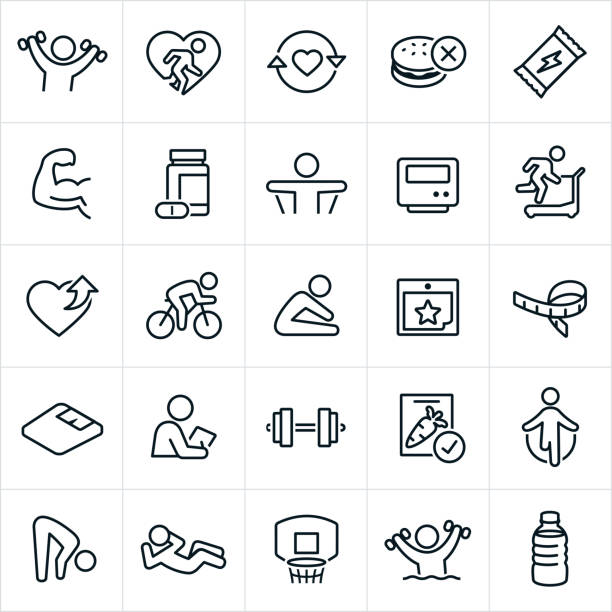 Exercise And Fitness Icons A set of exercise and fitness icons. The icons include people exercising, lifting weights, flexing muscles, eating healthy, running on treadmill, stretching, supplements, energy bar, nutrition, healthy eating, cycling, weight scale, tape measure, personal trainer, healthy food, jump roping, sit-up, basketball, water aerobics and water. muscle strength icon stock illustrations