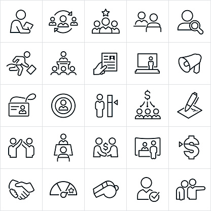 A set of human resources icons. The icons include a human resource manager, hiring, job candidates, job interview, search, employee with briefcase, business meeting, presentation, resume, bullhorn, ID, name badge, target, payroll, contract, job offer, job fair, pay raise, performance goal, whistle and employee firing to name a few.