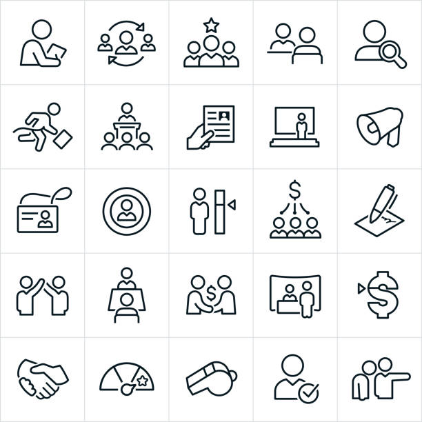 Human Resources Icons A set of human resources icons. The icons include a human resource manager, hiring, job candidates, job interview, search, employee with briefcase, business meeting, presentation, resume, bullhorn, ID, name badge, target, payroll, contract, job offer, job fair, pay raise, performance goal, whistle and employee firing to name a few. hire job search job people stock illustrations