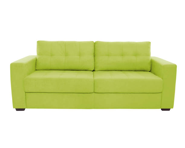 Three seats cozy color fabric sofa isolated on white background stock photo