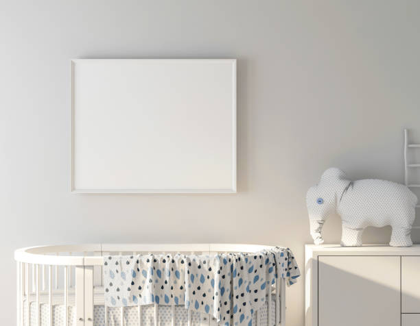 Baby bed with frame poster mockup Baby bed with frame poster mockup 3d rendering nursery bedroom photos stock pictures, royalty-free photos & images