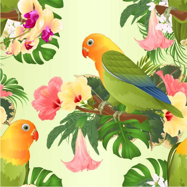 Vector illustration of Seamless texture Parrots lovebird Agapornis tropical birds  standing on a branch and hibiscus and Brugmansia with yellow orchid vintage vector illustration editable