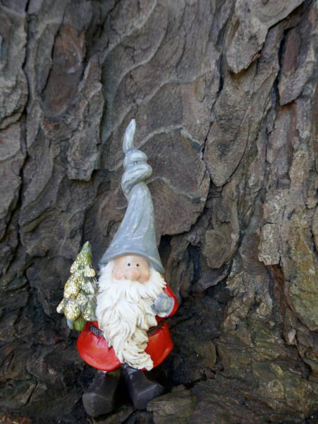 istock Garden gnome with a small christmas tree in front of an old tree trunk 1061825088