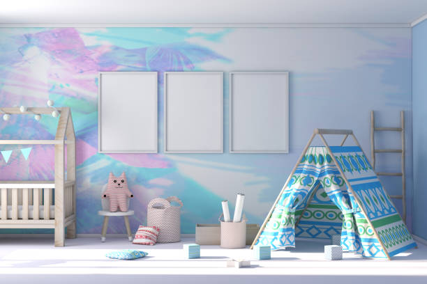 istock Mock up poster frame in kids room, scandinavian style interior background 1061825220