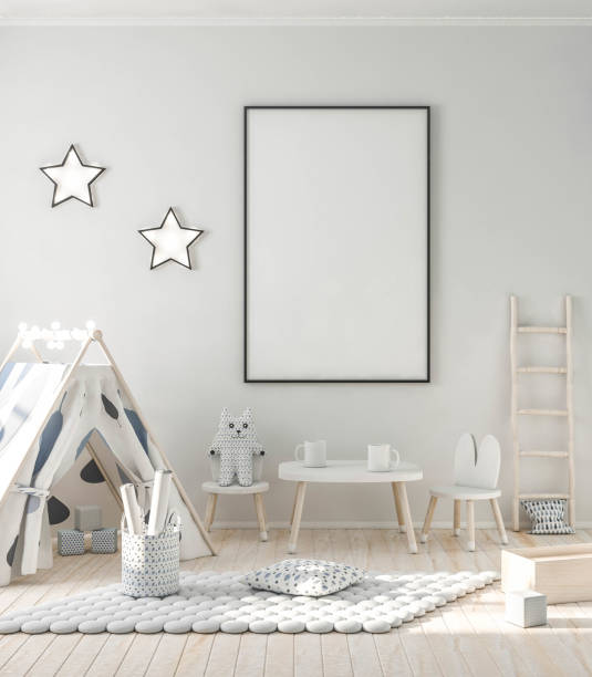istock Mock up poster frame in kids room, scandinavian style interior background 1061825232