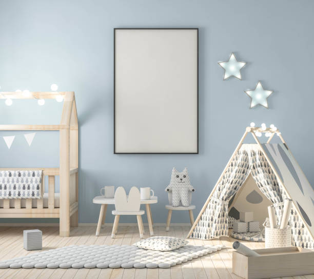 istock Mock up poster frame in kids room, scandinavian style interior background 1061825250
