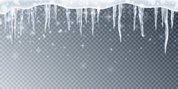 illustrazioni stock, clip art, cartoni animati e icone di tendenza di neve, coppa di ghiaccio, ghiaccioli. sfondo telaio neve. elementi trasparenti realistici. - icicle hanging snow moving down