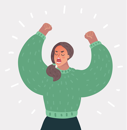 Vector cartoon illustration of Angry Woman up her hands and roar. Female rebel. Human character on white background.