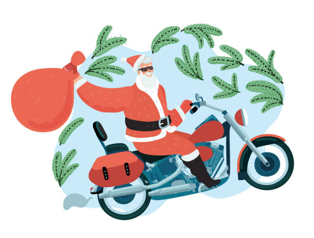 istock Santa Claus with a gift sack riding a motorbike 1061829112