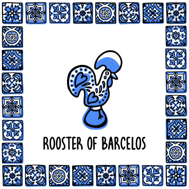 ilustraciones, imágenes clip art, dibujos animados e iconos de stock de conjunto de monumentos de portugal. gallo de barcelos, símbolo de portugal. sooster en marco de azulejos portugueses. boceto de ilustración de vector de estilo, para souvenirs, imanes, tarjetas postales - pájaro azulejo