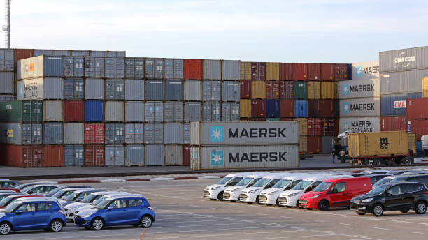 Cargo Terminal Koper, Slovenia - October 14, 2014: New Vehicles and Cargo Containers at Terminal Port in Koper, Slovenia. koper slovenia stock pictures, royalty-free photos & images