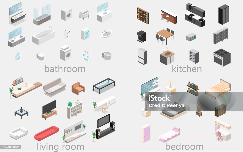Furniture for apartment. Isometric flat 3D isolated concept vector cutaway Furniture for an apartment. Isometric flat 3D isolated concept vector cutaway Constructor for creating a bathroom, living room, bedroom, kitchen Isometric Projection stock vector