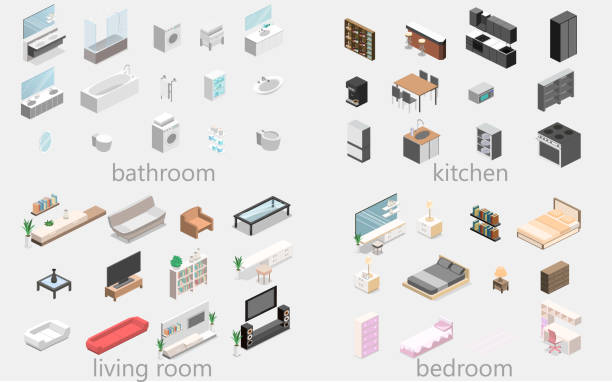 Furniture for apartment. Isometric flat 3D isolated concept vector cutaway Furniture for an apartment. Isometric flat 3D isolated concept vector cutaway Constructor for creating a bathroom, living room, bedroom, kitchen bed furniture stock illustrations