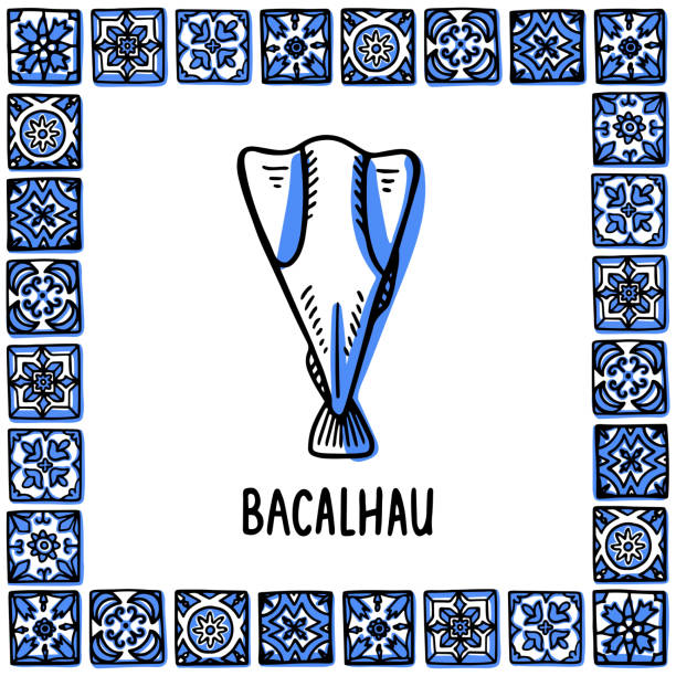 Portugal landmarks set. Bacalhau, traditional salted cod. Cos fish in frame of Portuguese tiles, azulejo. Handdrawn sketch style vector illustration. Exellent for souvenirs, magnets, banner, post cards. Portugal landmarks set. Bacalhau, traditional salted cod. Cod fish in frame of Portuguese tiles, azulejo. Handdrawn sketch style vector illustration. Exellent for souvenirs, magnets, banner, post cards. art and craft product stock illustrations