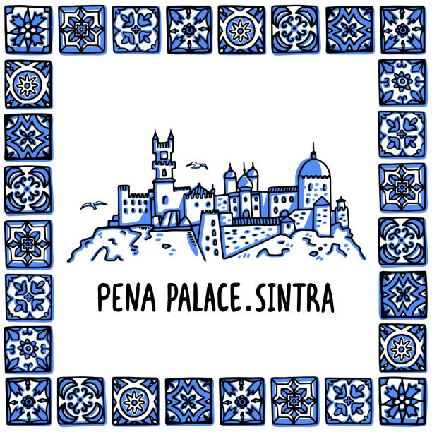 Portugal landmarks set. The Pena Palace Palacio Nacional da Pena . Landscape of the old castle in a frame of Portuguese tiles, azulejo. Handdrawn sketch style vector illustration. Exellent for souvenir products, magnets, banner, post cards Portugal landmarks set. The Pena Palace, Palacio Nacional da Pena in a frame of Portuguese tiles. Handdrawn sketch style vector illustration. Exellent for souvenirs, magnets, banner, post cards. pena palace stock illustrations
