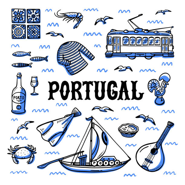 ilustraciones, imágenes clip art, dibujos animados e iconos de stock de conjunto de monumentos de portugal. ilustración de vector de estilo del bosquejo handdrawn - pájaro azulejo