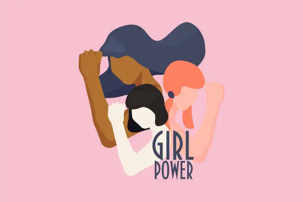 Vector illustration of Girl power, empowered women, international feminism ideas poster concept. Female diverse characters of different ethnicity with hands in trendy style. Women Rights and diversity vector illustration.