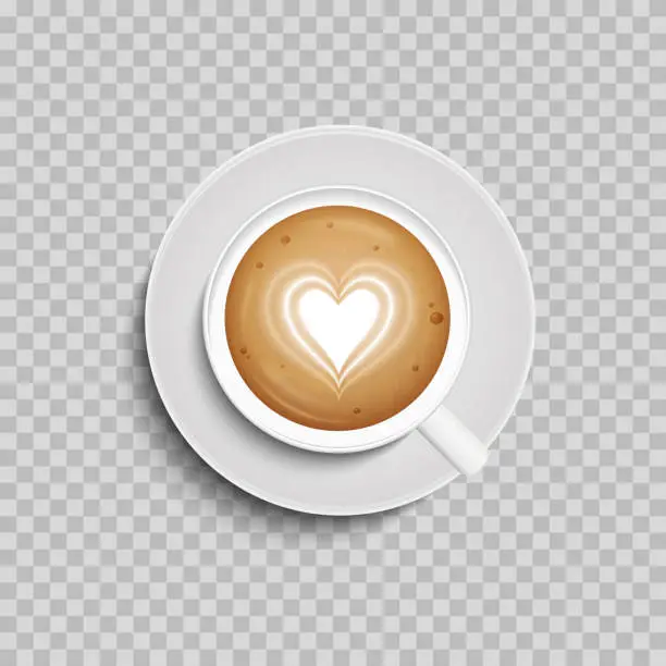 Vector illustration of Coffee cup. Latte art heart shape. Vector. Isolated. Top view.