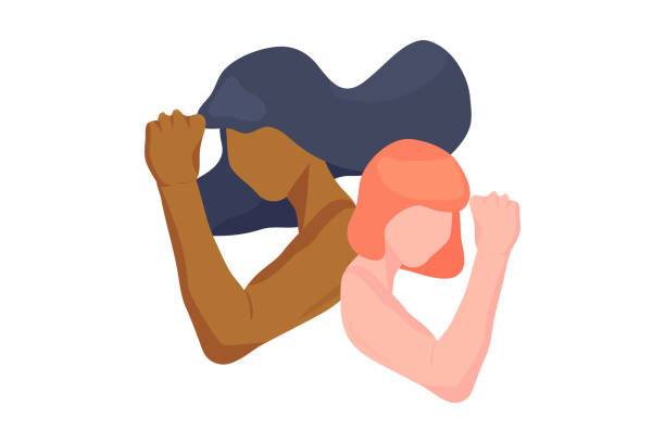 Girl power women rights movement vector illustration concept in trendy style with female characters with hands and fists raised up. Diverse women different ethnicity standing together. Diversity icon. vector art illustration