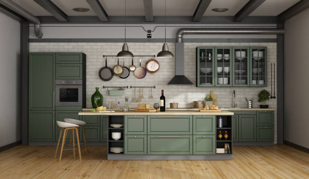 istock Retro green kitchen in a old room 1061852212