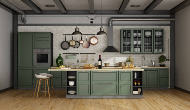 Retro green kitchen in a old room Vintage green kitchen with island in a loft - 3d rendering
Note: the room does not exist in reality, Property model is not necessary kitchen island stock pictures, royalty-free photos & images