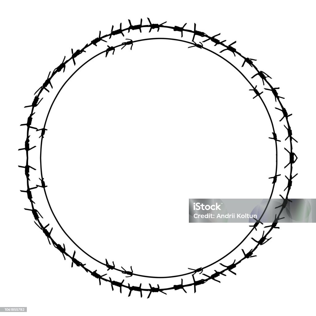 Black barbed wire vector round frame. Metal circle fence illustration isolated on white background. Graphic military border object Army stock vector