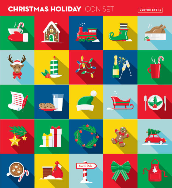 ilustrações, clipart, desenhos animados e ícones de conjunto de ícones de design plano de natal - santa claus sleigh toy christmas