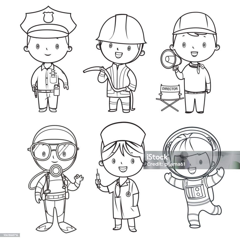 Coloring book, professions kids set Vector coloring book, professions kids set Coloring Book Page - Illlustration Technique stock vector