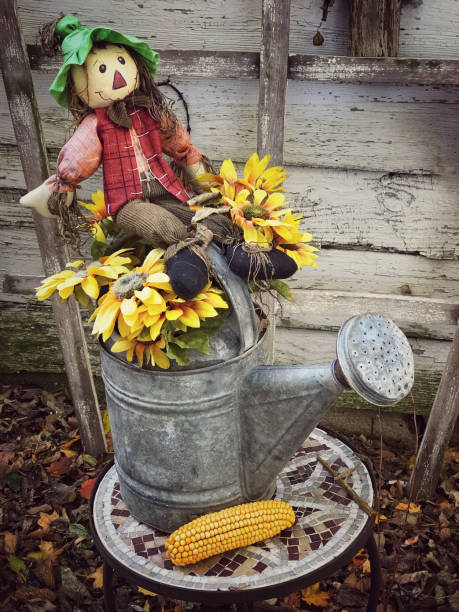 istock Scarecrow with sunflowers and watering can 1061871882
