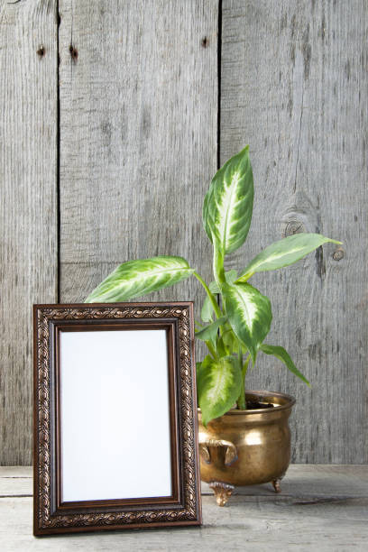 istock Empty picture frame on wooden background. 1061877628