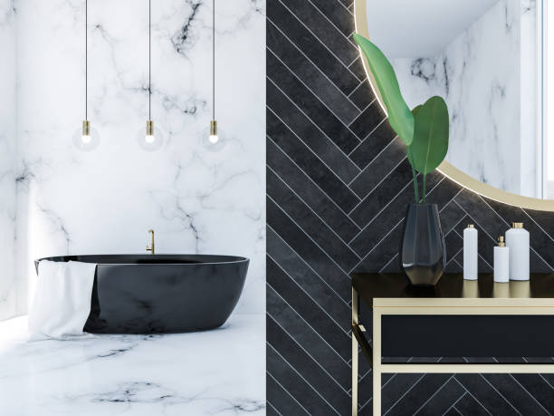 istock Black wood loft bathroom, black tub close up 1061879934