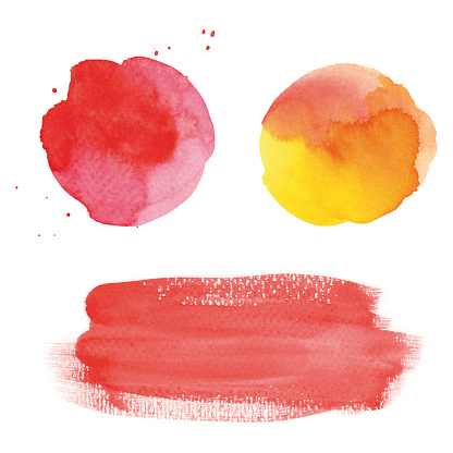 Set of red vectorized round watercolor splashes and banner.