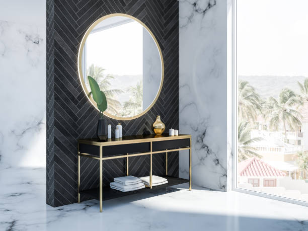 istock Black wood bathroom corner, round mirror 1061882544