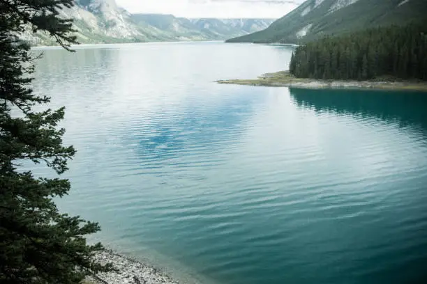 Lake Minnewanka in Banff National Park in the Canadian Rockies - Alberta Canada. Teal color to the water