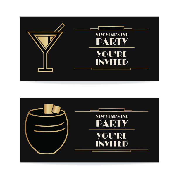 Art Deco Banners / Cards - Martini and Tumbler with Text Art deco style background / templates with copy space. Black and gold design. gatsby stock illustrations