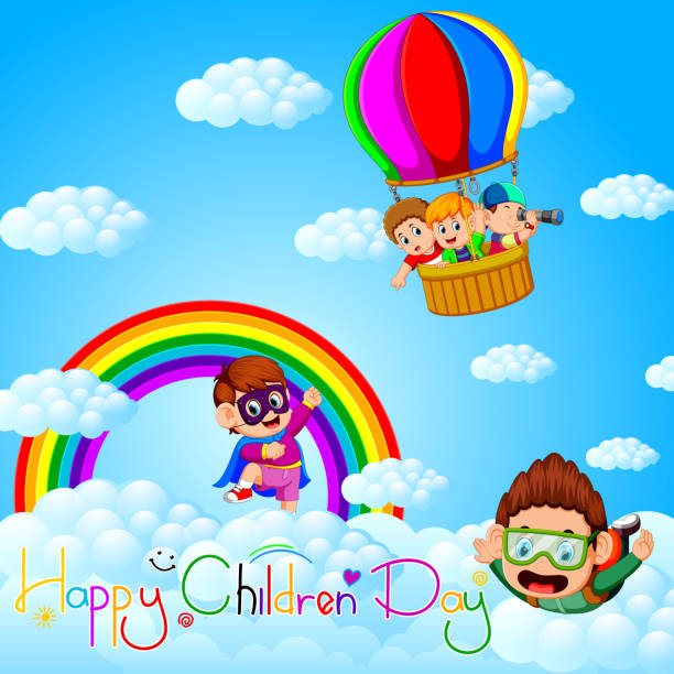 illustrations, cliparts, dessins animés et icônes de affiche de la fête des enfants heureux avec des enfants heureux sur le ciel - sun sky child balloon