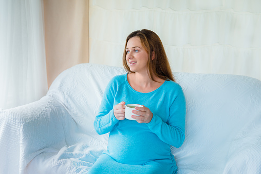 happy young pregnant woman enjoying herbal tea on the sofa